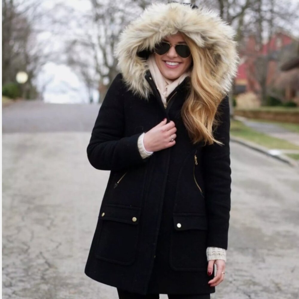 J.Crew Chateau Parka Faux Fur Hood Jacket Size 2 Black Italian Wool